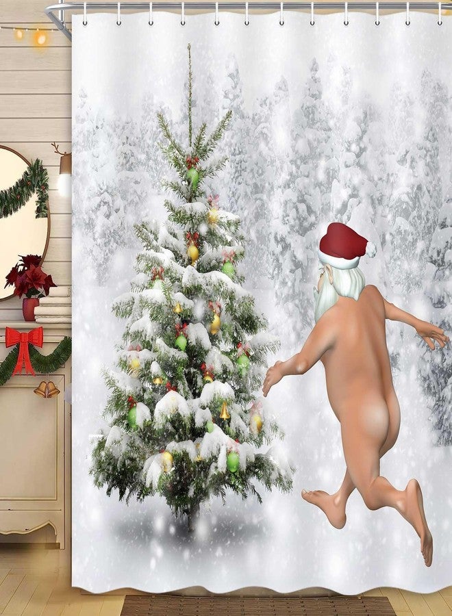 MERCHR Funny Christmas Santa Claus Shower Curtain, Christmas Tree Winter Forest Snowflake Bathroom Curtains, Durable Waterproof Fabric Shower Curtain Set with 12 Hooks, 71 x 71 Inches - Image 1
