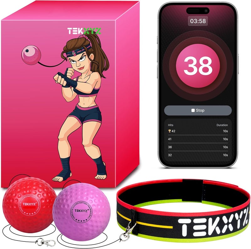 TEKXYZ ® Reflex Ball with Counter App & Online Community, 2 Difficulty Levels Boxing Ball with Headband, Perfect for Reaction, Agility, Punching Speed, Fight Skill & Hand Eye Coordination Training - Image 1