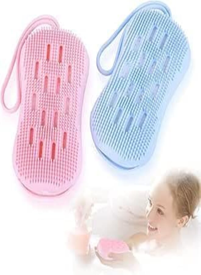 Soft Silicone Bath Brush,2 Packs Exfoliating Shower Scrubber Body Brush, Double-Sided Shower Loofah with Wood Pulp Cotton, SPA Massage Skin Care Tool, for Sensitive and All Kinds of Skin