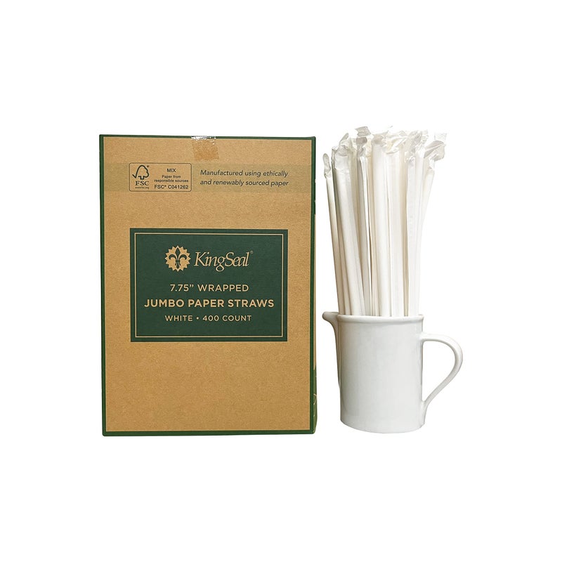 KingSeal 400 Count  Kingseal Disposable PAPER Drinking Straws FSC Certified Paper Wrapped WHITE 775 Inch Length x 6mm Diameter Jumbo Size Biodegradable Earth Friendly Bulk Pack  400 Straws Per Box 