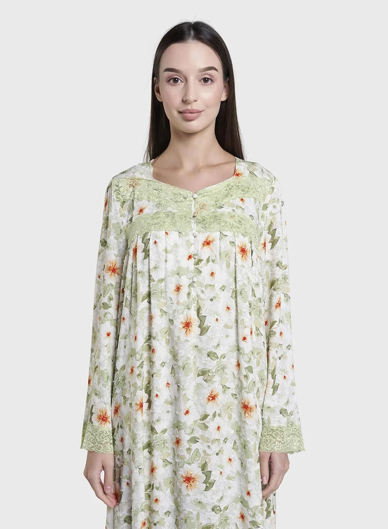 Kashkha Dusty Green  Floral Print Rayon Long Nightwear Dress (CNH480)