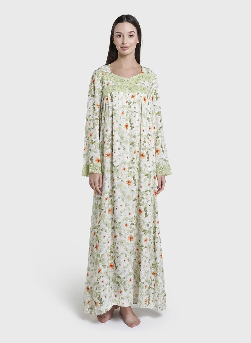 Kashkha Dusty Green  Floral Print Rayon Long Nightwear Dress (CNH480)