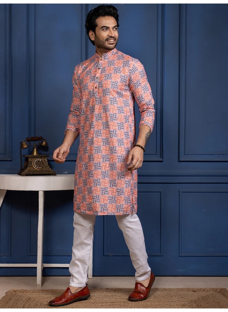 Devoiler Mens Printed Cotton Kurta Set with All Over Thread Work - Image 4