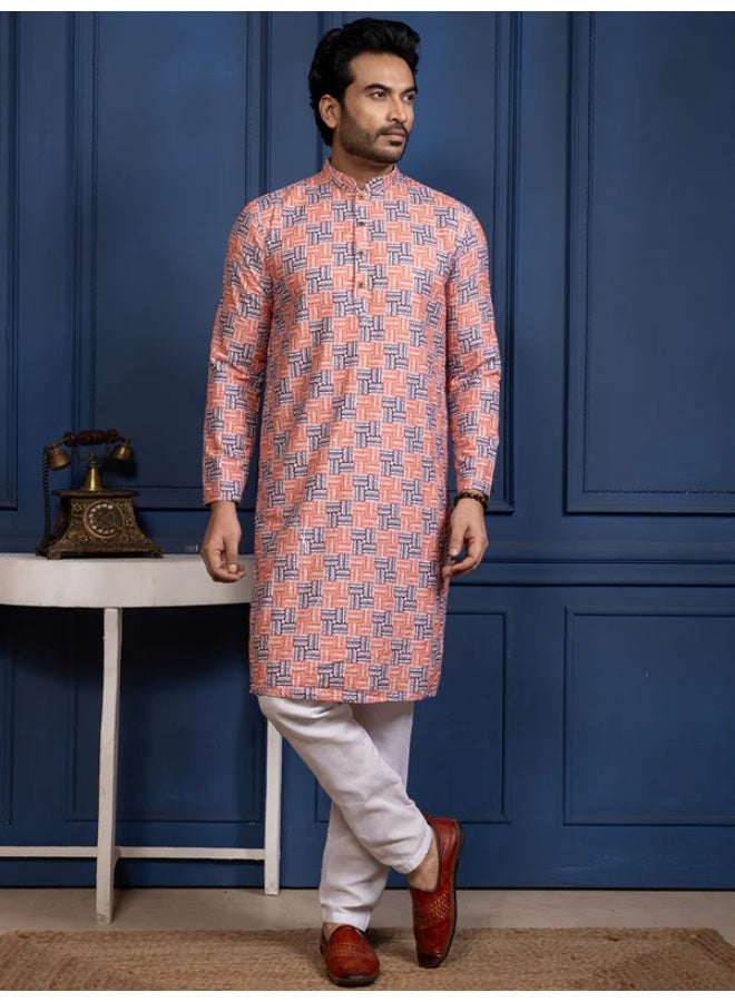 Devoiler Mens Printed Cotton Kurta Set with All Over Thread Work - Image 5