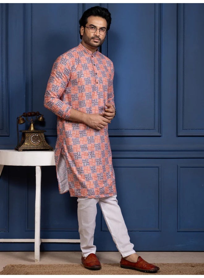 Devoiler Mens Printed Cotton Kurta Set with All Over Thread Work - Image 2