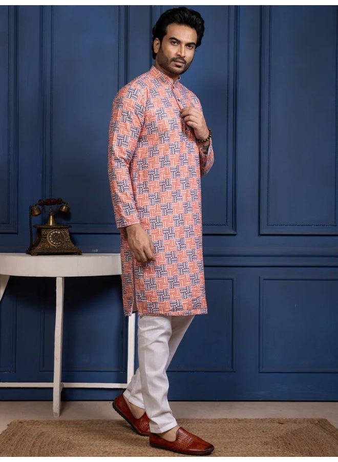Devoiler Mens Printed Cotton Kurta Set with All Over Thread Work - Image 3
