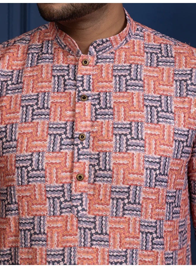 Devoiler Mens Printed Cotton Kurta Set with All Over Thread Work - Image 1