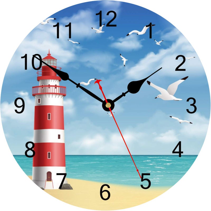 TAHEAT TAHEAT Lighthouse Seagull Ocean Wall Clock Wooden Battery Operated Clocks Silent Non Ticking Easy to Read Wall Clock for KitchenBedroomLiving Room 14 Inch 