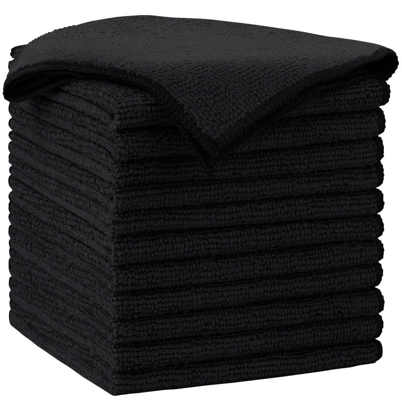أيديا مناشف تنظيف من الألياف الدقيقة من أيديا - عبوة من 12 قطعة، مناشف ناعمة من الألياف الدقيقة للسيارات، قطع قماش تنظيف ماصة، مناشف غسيل خالية من الوبر والخطوط للمنزل والمطبخ والنوافذ (12 بوصة × 12 بوصة)، أسود - Image 1