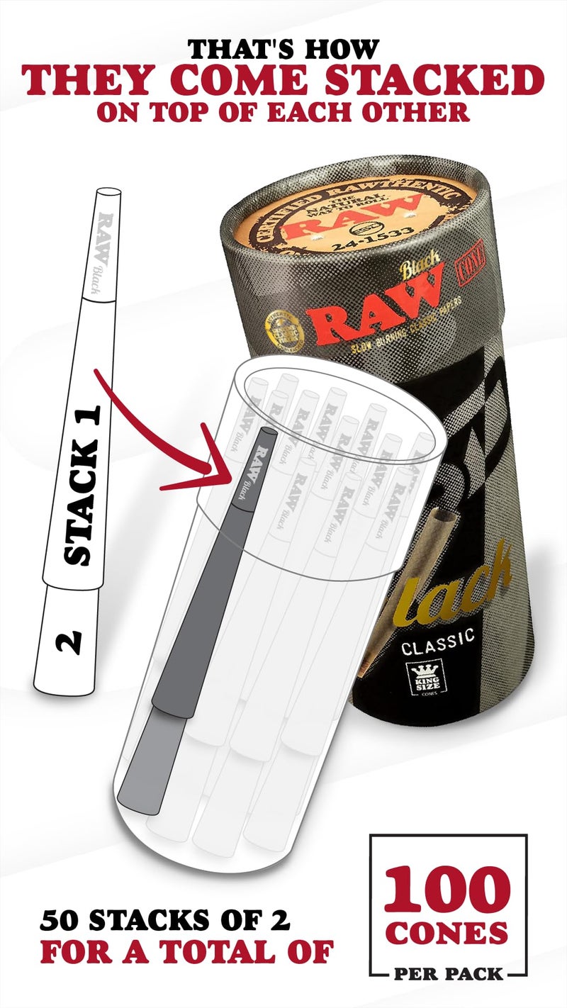 RAW Black Cones King Size - 100 Pack - Slow Burning Pre Rolled Cones Pressed Extra Fine for Thin, Naturally Translucent Paper with Tips & Packing Tubes Included - Image 2