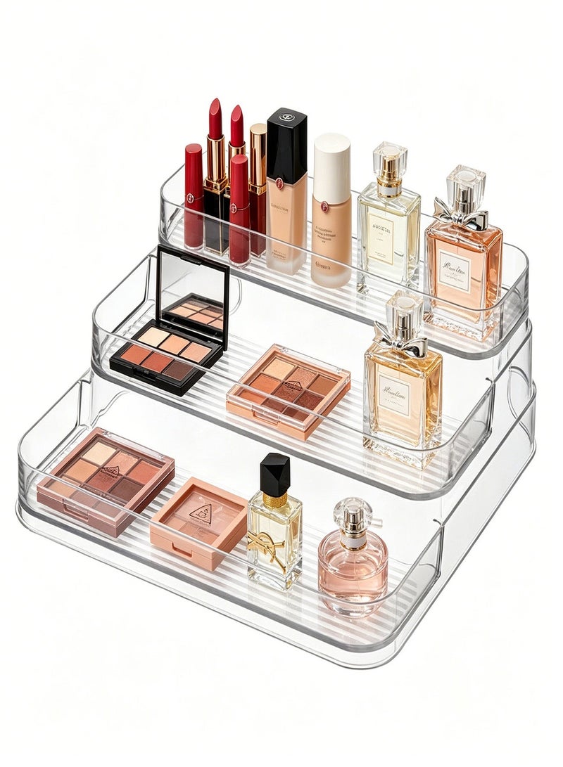 CUBEXELL 3 Tier Clear Acrylic Display Riser, Makeup Perfume Organizer Rack, Transparent Step Storage Stand for Cosmetics, Skincare & Vanity Table - Image 1