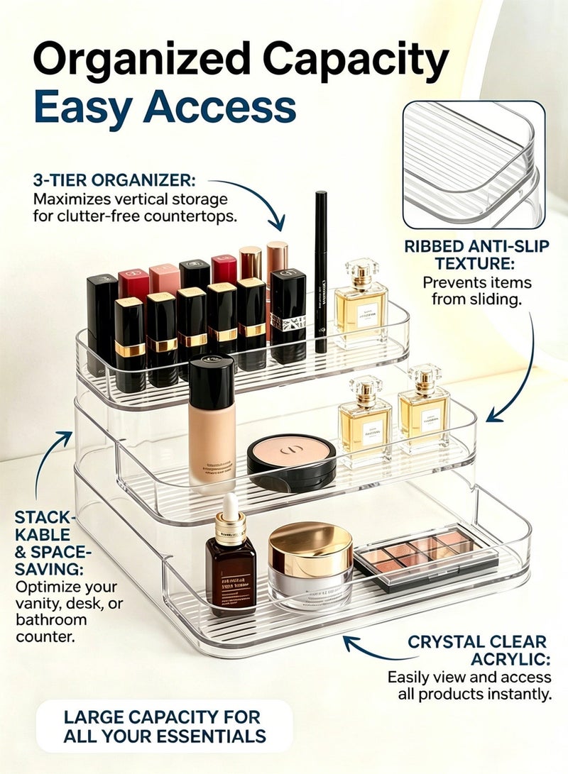 CUBEXELL 3 Tier Clear Acrylic Display Riser, Makeup Perfume Organizer Rack, Transparent Step Storage Stand for Cosmetics, Skincare & Vanity Table - Image 2