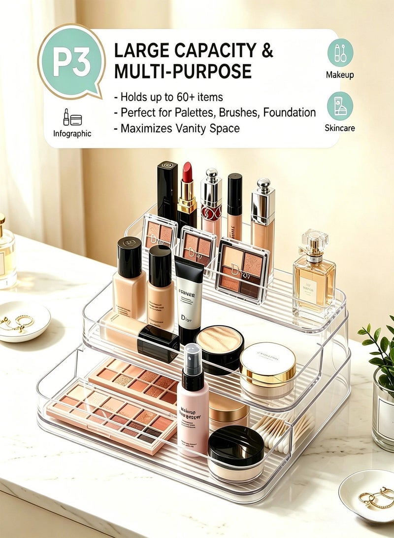 CUBEXELL 3 Tier Clear Acrylic Display Riser, Makeup Perfume Organizer Rack, Transparent Step Storage Stand for Cosmetics, Skincare & Vanity Table - Image 3