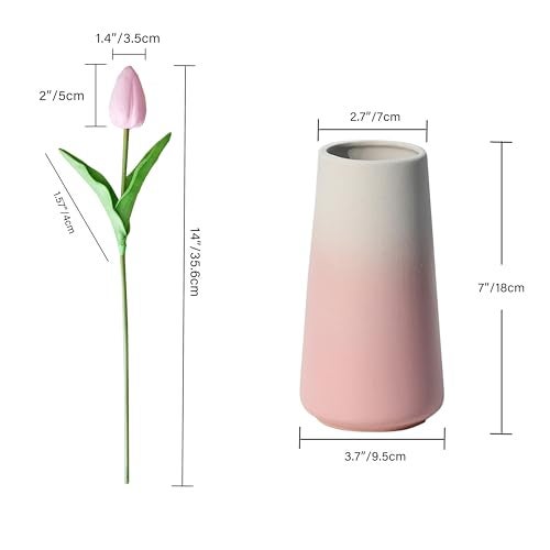 Mandy's Artificial Tulips 28 Stems Light Pink with Gradient Pink Vase PU Faux Flowers for Wedding Home Decor 13.5 Inch - Image 2