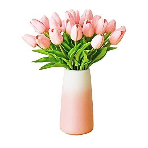 Mandy's Artificial Tulips 28 Stems Light Pink with Gradient Pink Vase PU Faux Flowers for Wedding Home Decor 13.5 Inch - Image 1