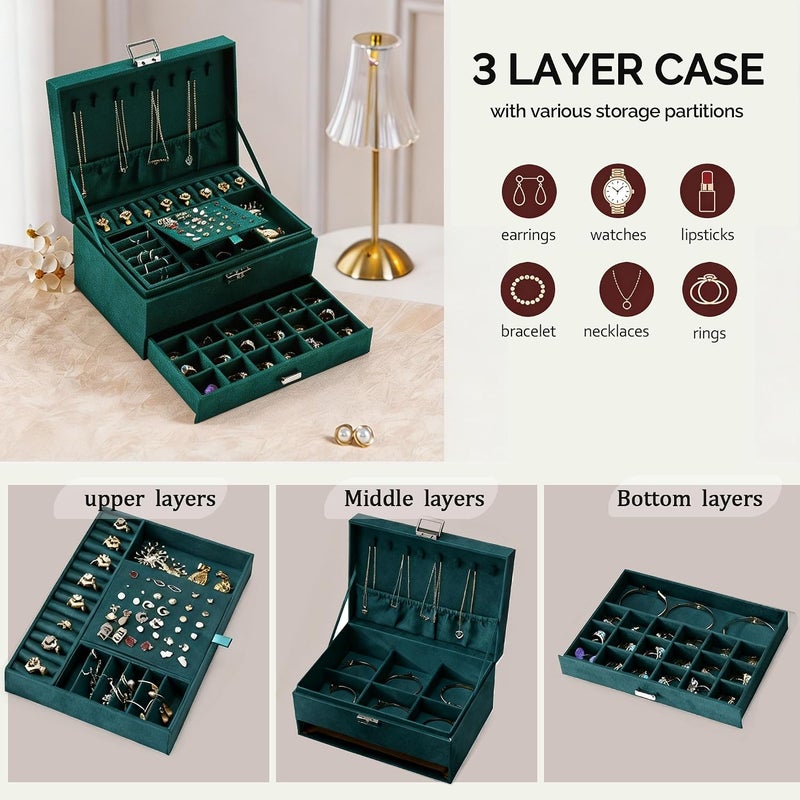 ProttyLife 3-Tier Lockable Jewelry Organizer Display Case in Green - Image 2