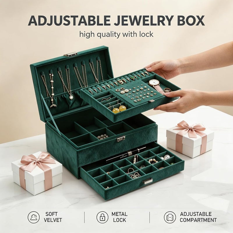 ProttyLife 3-Tier Lockable Jewelry Organizer Display Case in Green - Image 5