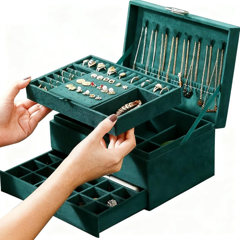 ProttyLife 3-Tier Lockable Jewelry Organizer Display Case in Green - Image 1