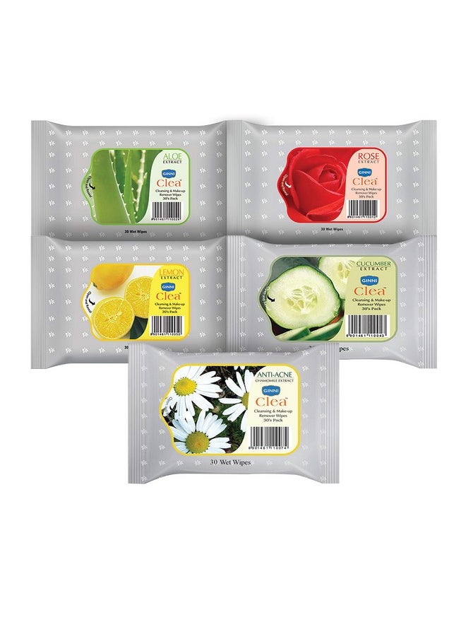 GINNI Clea Cleansing & Makeup Remover Wet Wipes | Hydrating & Moisturizing For Face | Rose, Lemon, Aloe Vera, Cucumber, Anti-Acne | Effortlessly Removes Makeup | Pack Of 5 (30 Wipes Each)  - Image 1