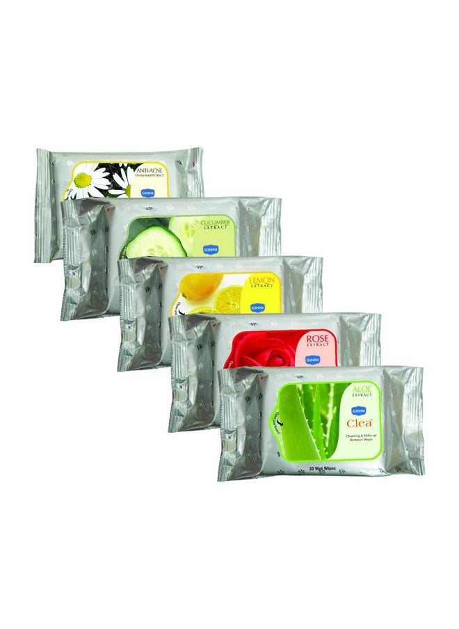 GINNI Clea Cleansing & Makeup Remover Wet Wipes | Hydrating & Moisturizing For Face | Rose, Lemon, Aloe Vera, Cucumber, Anti-Acne | Effortlessly Removes Makeup | Pack Of 5 (30 Wipes Each)  - Image 2