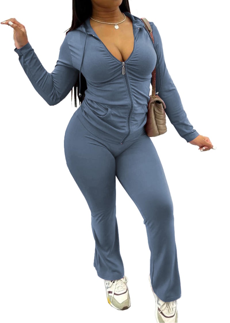PINSV Women 2 Piece Outfits Workout Bodycon Tracksuit Long Sleeve Zip Up Hoodie Jacket Matching Flared Pants Sets Grey Blue XXL - Image 4