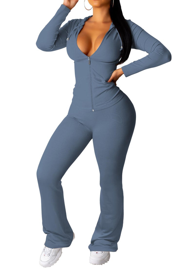 PINSV Women 2 Piece Outfits Workout Bodycon Tracksuit Long Sleeve Zip Up Hoodie Jacket Matching Flared Pants Sets Grey Blue XXL - Image 1