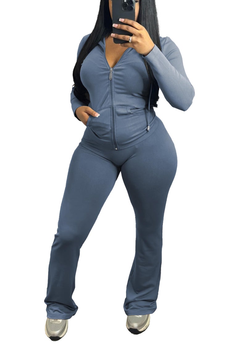 PINSV Women 2 Piece Outfits Workout Bodycon Tracksuit Long Sleeve Zip Up Hoodie Jacket Matching Flared Pants Sets Grey Blue XXL - Image 2