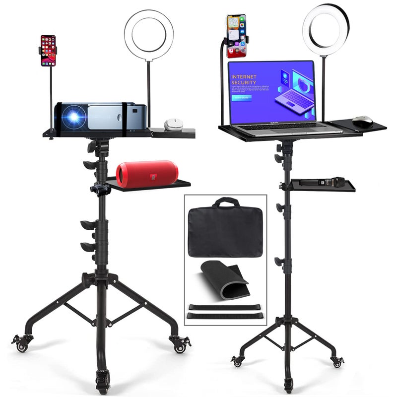 Asltoy Projector Tripod Stand with Wheels Laptop Tripod Stand Projector Tripod Laptop Stand Floor Stand Live Stream stand Treadmill Stand Music Stand with 6 LED Ring Light for Online Meeting Recording
