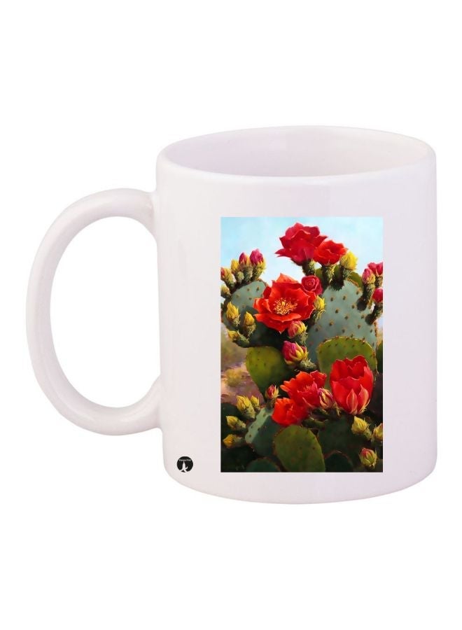 RYN Cactus Flower Printed Coffee Mug White/Green/Red 11ounce