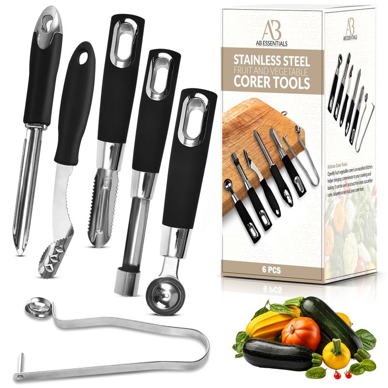 AB Essentials Fruit and Vegetable Corer Set â€“ 6 PCS Stainless Steel Apple Corer, Jalapeno Tool, Melon Baller, Pepper Corer Seed Remover Tool, Pineapple Tomato & Zucchini - Image 1