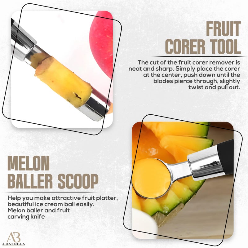 AB Essentials Fruit and Vegetable Corer Set â€“ 6 PCS Stainless Steel Apple Corer, Jalapeno Tool, Melon Baller, Pepper Corer Seed Remover Tool, Pineapple Tomato & Zucchini - Image 4