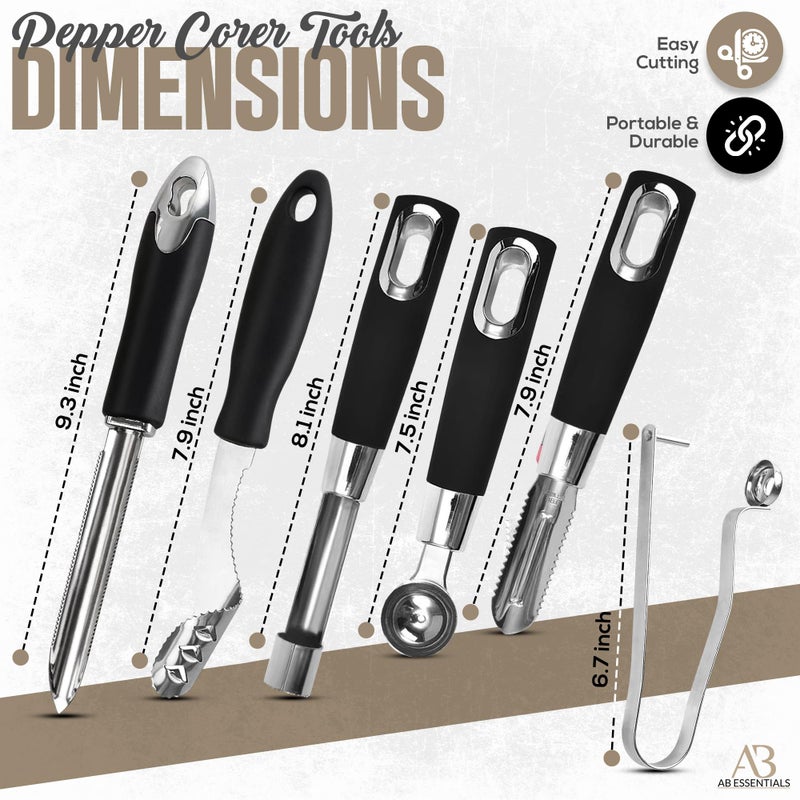 AB Essentials Fruit and Vegetable Corer Set â€“ 6 PCS Stainless Steel Apple Corer, Jalapeno Tool, Melon Baller, Pepper Corer Seed Remover Tool, Pineapple Tomato & Zucchini - Image 2