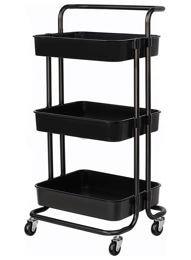 بيرام رف تخزين معدني من بيرام بثلاثة مستويات مع مقبض وعجلات سهلة الحركة – منظم رفوف معدني قوي بثلاثة سلال للمطبخ والحمام والمخزن وتنظيم المنزل – متين وموفر للمساحة باللون الأسود - Image 1