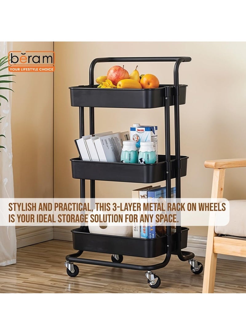 بيرام رف تخزين معدني من بيرام بثلاثة مستويات مع مقبض وعجلات سهلة الحركة – منظم رفوف معدني قوي بثلاثة سلال للمطبخ والحمام والمخزن وتنظيم المنزل – متين وموفر للمساحة باللون الأسود - Image 2