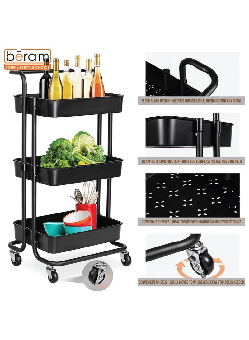 بيرام رف تخزين معدني من بيرام بثلاثة مستويات مع مقبض وعجلات سهلة الحركة – منظم رفوف معدني قوي بثلاثة سلال للمطبخ والحمام والمخزن وتنظيم المنزل – متين وموفر للمساحة باللون الأسود - Image 3