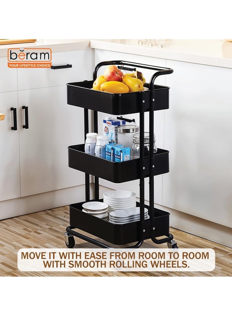 بيرام رف تخزين معدني من بيرام بثلاثة مستويات مع مقبض وعجلات سهلة الحركة – منظم رفوف معدني قوي بثلاثة سلال للمطبخ والحمام والمخزن وتنظيم المنزل – متين وموفر للمساحة باللون الأسود - Image 4