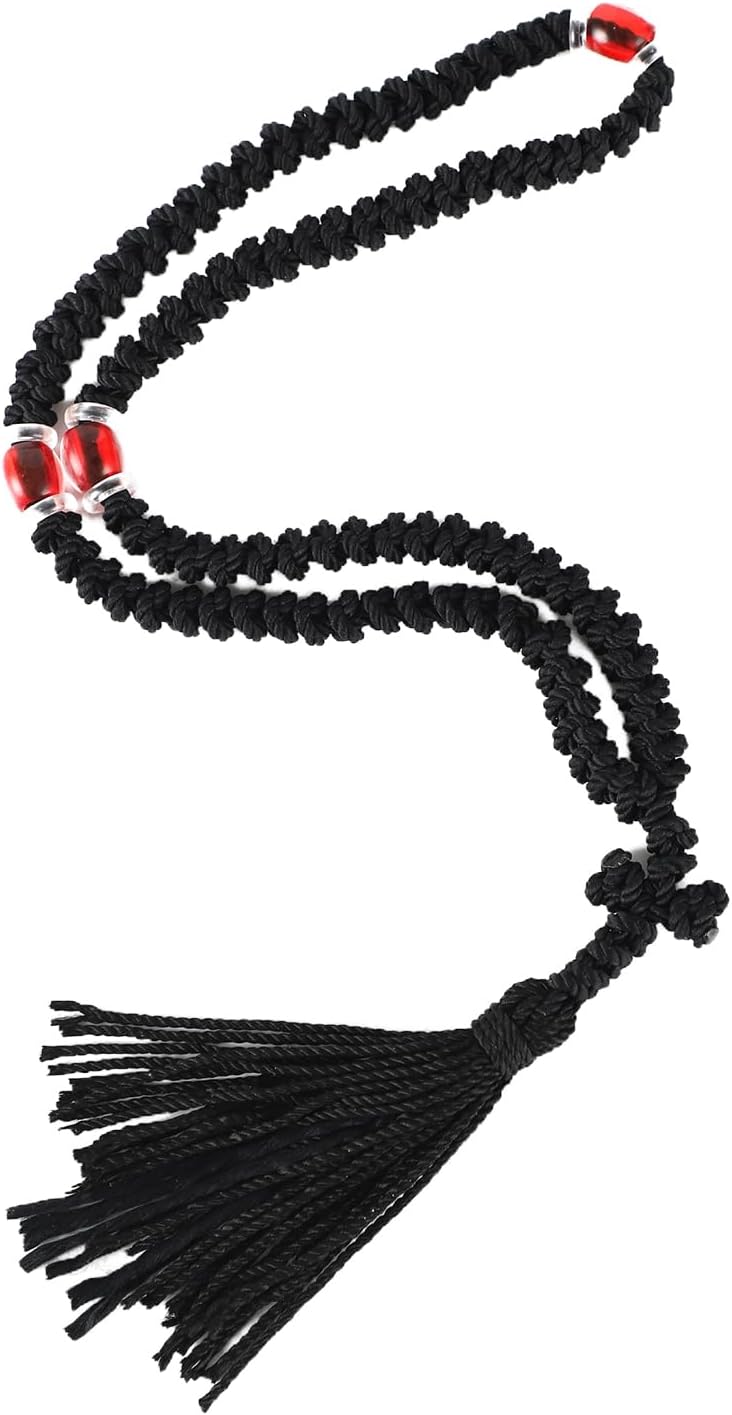 BigPig Handmade Orthodox Prayer Rope 100 Knots with Red Bead,Prayer Beads Christian Greek Komboskoini Chotki,Greek Orthodox Cross Christian Car Accessories,Protestant Prayer Beads Rosary Blessed Decor Gift - Image 1