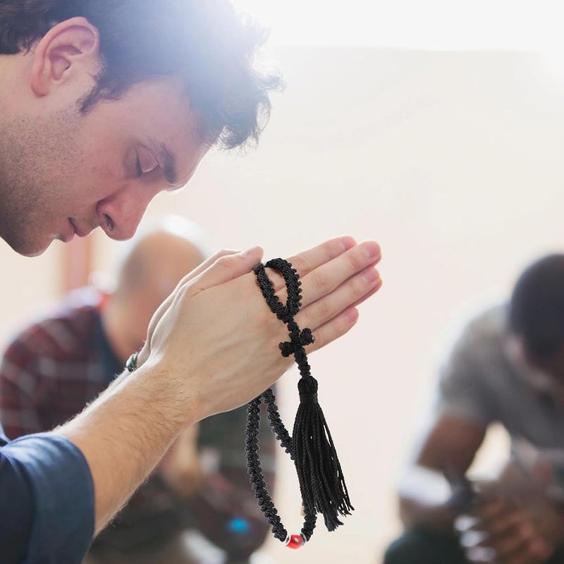 BigPig Handmade Orthodox Prayer Rope 100 Knots with Red Bead,Prayer Beads Christian Greek Komboskoini Chotki,Greek Orthodox Cross Christian Car Accessories,Protestant Prayer Beads Rosary Blessed Decor Gift - Image 4