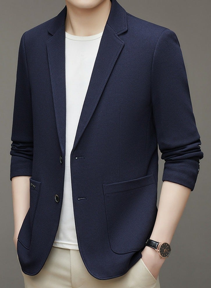 Loquat Mens Suit Collar Coats Casual Slim Fit Knitting Suit Jacket Lightweight Business 2 Button Blazers Navy Blue 