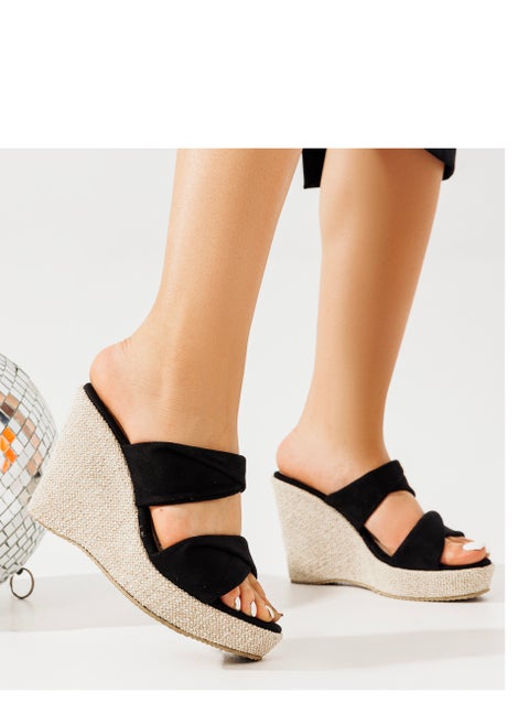 Wedge Open Toe Suede Sandal With Two Suede Straps On The Front-BLACK