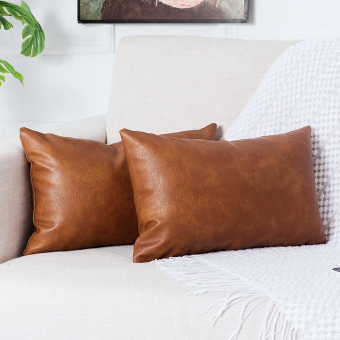 Pack of 2 Premium Faux Leather Throw Pillow Covers Modern Luxury Decorative Lumbar Throw Pillow Case Cushion Cases for Farmhouse Sofa Couch Bed Car Outdoor12x20 inch Brown
