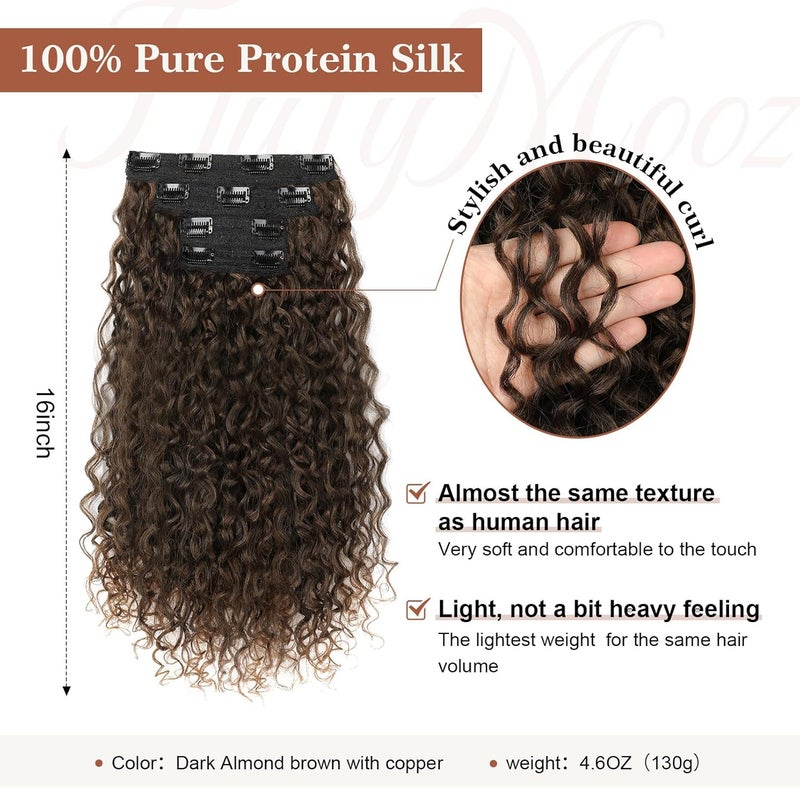 Flufymooz Clip in Hair Extensions, FLUFYMOOZ 4PC 100％ Pure Protein Silk Hair Extensions Long Soft Natural Hairpiece 16 Inch Curly Hairpiece for Women (Dark Almond brown with copper) - Image 2