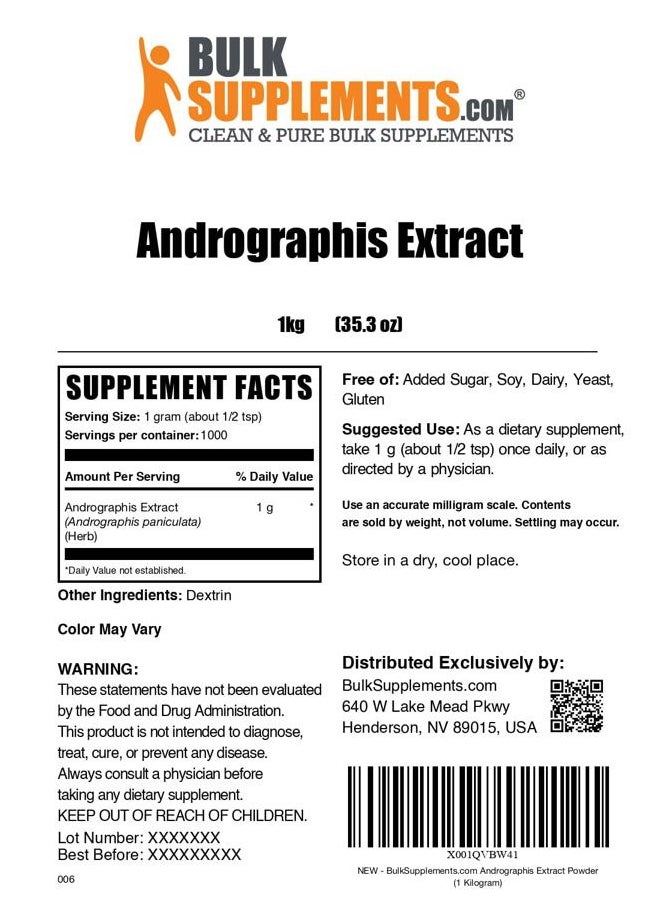 BULKSUPPLEMENTS.COM - .com Andrographis Extract Powder - Andrographis Paniculata, Herbal Supplement, Andrographis Powder - Gluten Free, 1000mg per Serving, 1kg (2.2 lbs) (Pack of 1) - Image 1