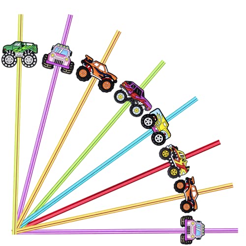 Meaxur 24 Monster Truck Party Favors Car Reusable Straight Straws for Monster Truck Car Birthday Party Supplies with 2 Cleaning Brushes 6 Color Straws - Image 1