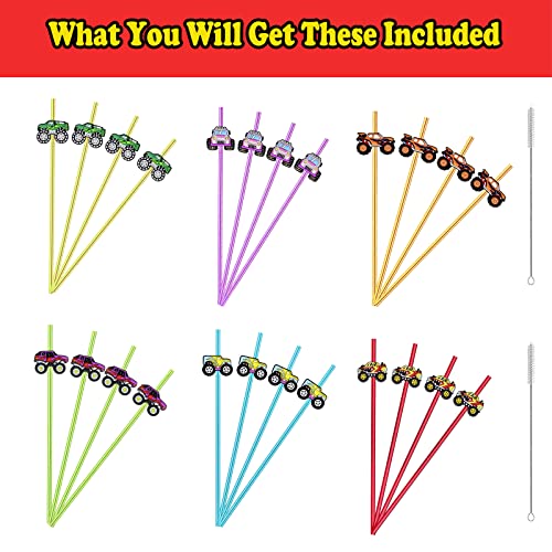 Meaxur 24 Monster Truck Party Favors Car Reusable Straight Straws for Monster Truck Car Birthday Party Supplies with 2 Cleaning Brushes 6 Color Straws - Image 3