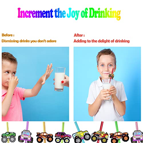 Meaxur 24 Monster Truck Party Favors Car Reusable Straight Straws for Monster Truck Car Birthday Party Supplies with 2 Cleaning Brushes 6 Color Straws - Image 2