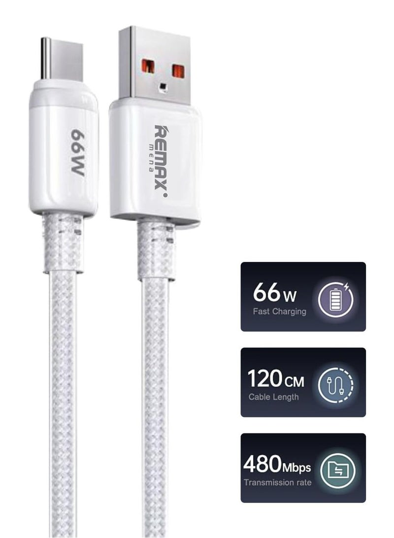 Remax Mena 66W Fast Charging, Dual-color Braided Fast Data Cable,Coper wire core,120 CM Cable length, 480MB Transmission Rate (White) - Image 2