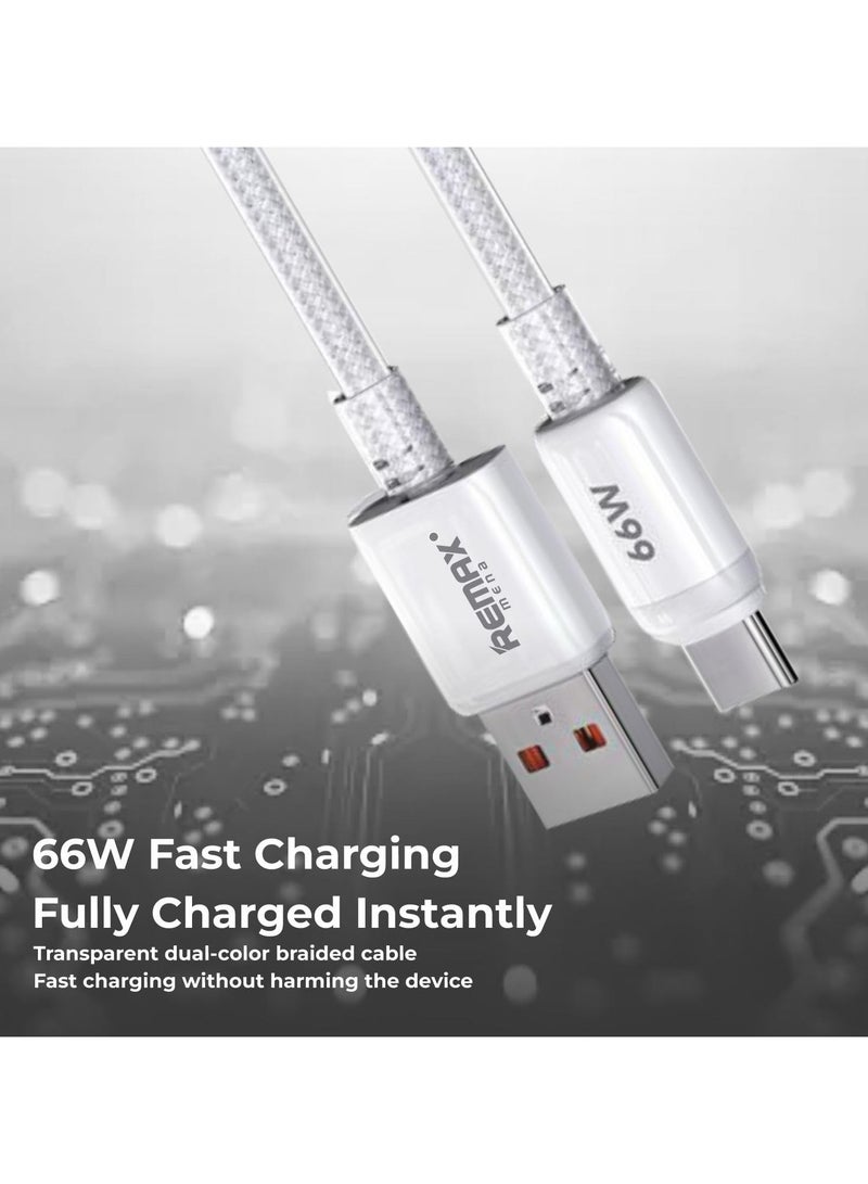 Remax Mena 66W Fast Charging, Dual-color Braided Fast Data Cable,Coper wire core,120 CM Cable length, 480MB Transmission Rate (White) - Image 3