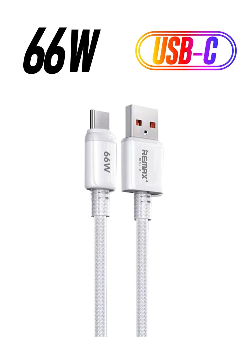 Remax Mena 66W Fast Charging, Dual-color Braided Fast Data Cable,Coper wire core,120 CM Cable length, 480MB Transmission Rate (White) - Image 1