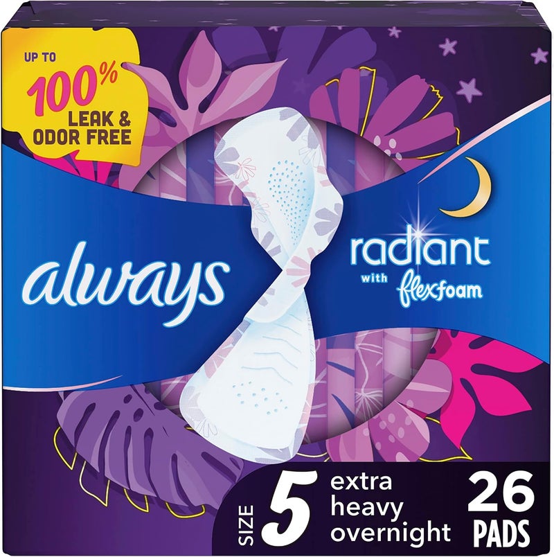 Always Radiant FlexFoam Pads for Women, Size 5, Extra Heavy Overnight Absorbency, 100% Leak & Odor Free Protection is Possible, with Wings, Scented, 26 Count